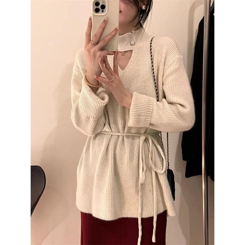 Drawstring Waist Knitted Sweater Autumn and Winter New Medium and Long Soft Waxy Lazy Wind Semi-turtleneck Machine Hollow Sweater Women