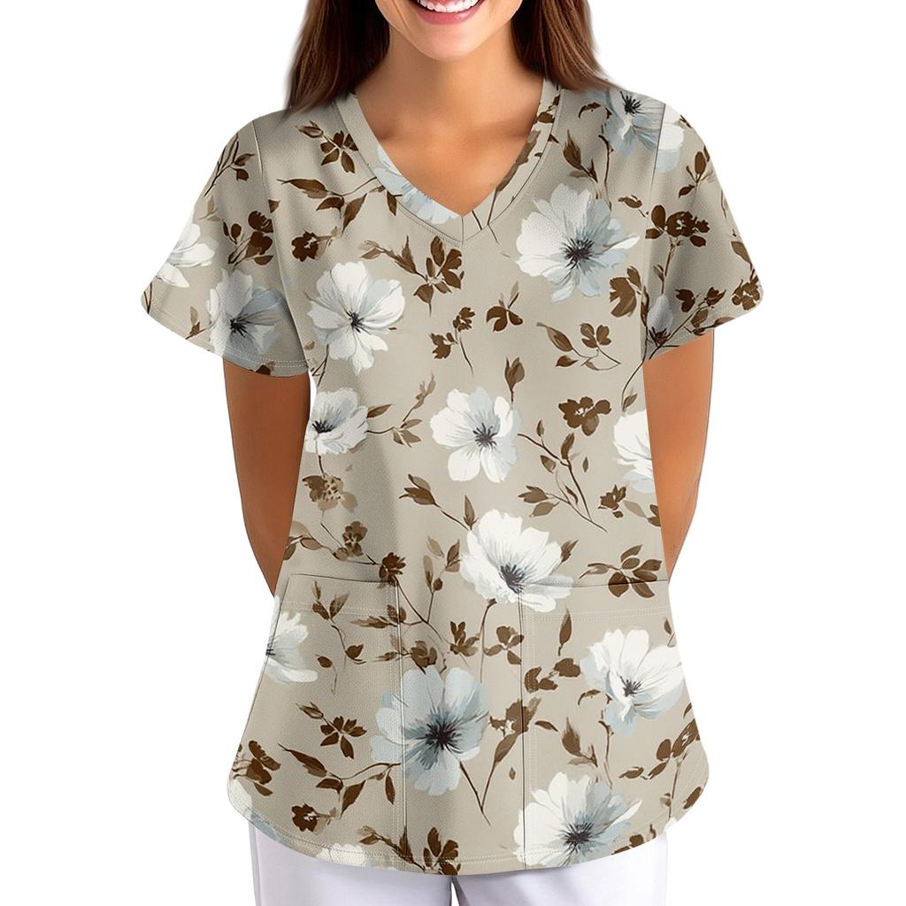 Women's Floral Print Loose Fit V Neck Short Sleeve Medical Scrub Top with Pockets for Healthcare Professionals Lightweight Breathable Fabric
