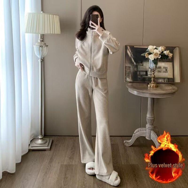 Europäischer Stil Kapuzen-Fleece-Sweatshirt & Weitbein-Hosen Set für Damen - Herbst/Winter Mode Freizeit Sportbekleidung Zweiteiliges Set