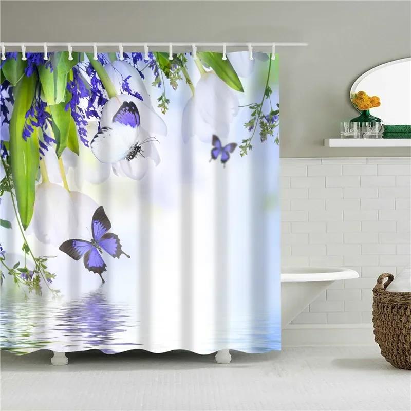 Lotus Buddha Rose Flower Green Leaves Lavender Butterfly Bathroom Accessories Set Shower Curtain with 12 Hooks