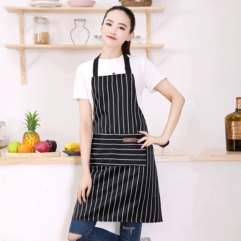 White Black Striped Man Woman Home Restaurant Kitchen Baking Nail Bib Oil Repellent Work Apron 2 Pockets Adjustable Clean Apron