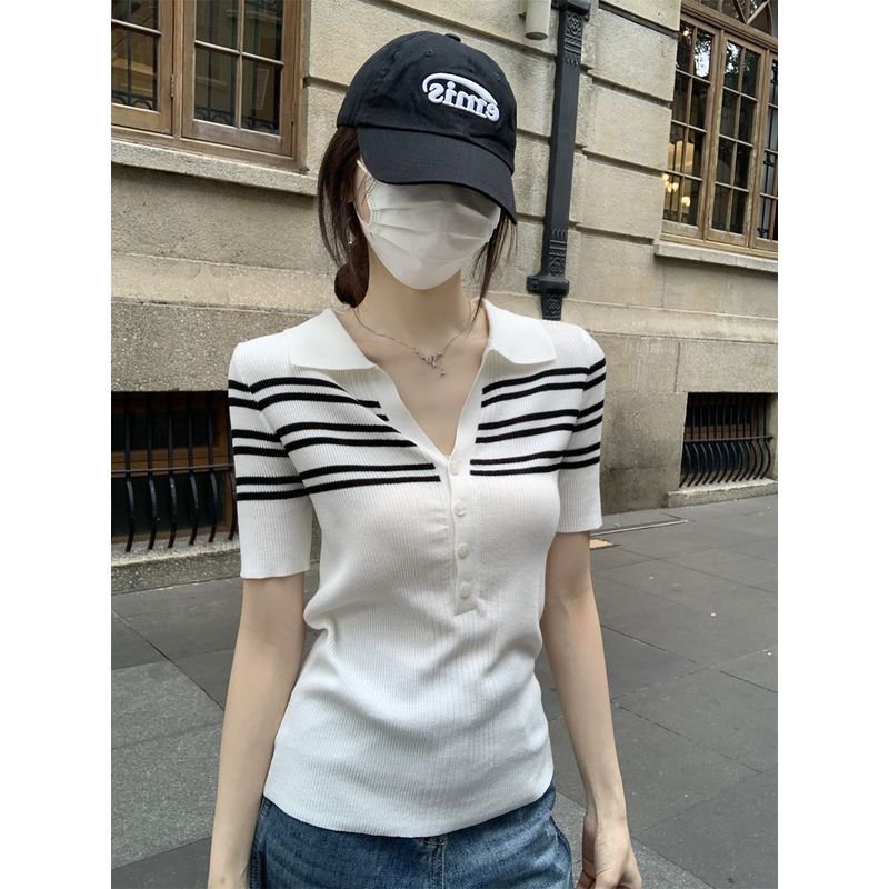 Kumikumi Stylish White Polo Collar Button Knitwear Female Summer Temperament Wild Loose Slim Looking Tops