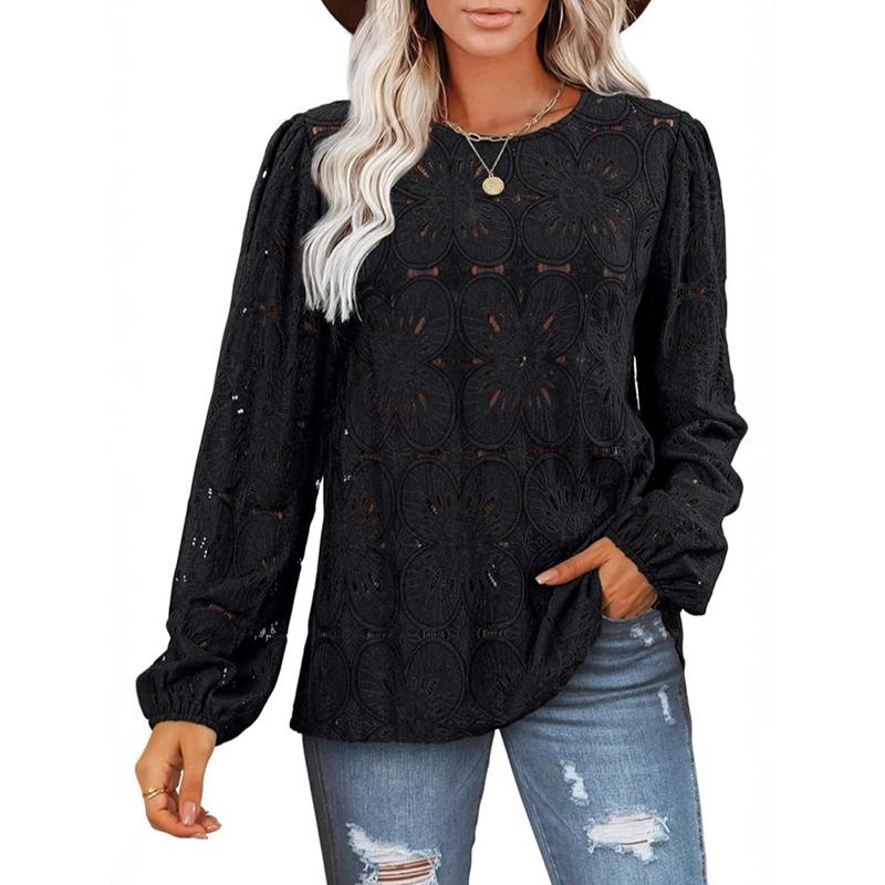 

Женская кружевная рубашка с длинным рукавом, с круглым вырезом, элегантный топ с вырезом в виде лепестка S