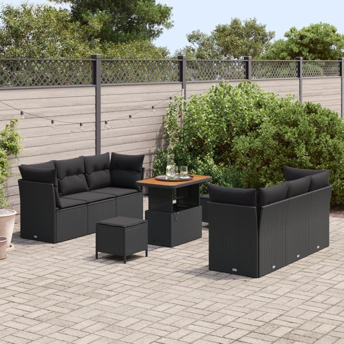 Ensemble de canapé de jardin 9 pièces avec coussins noir poly rotin acacia, Ensemble de salle à manger de jardin 3 pièces 3363389