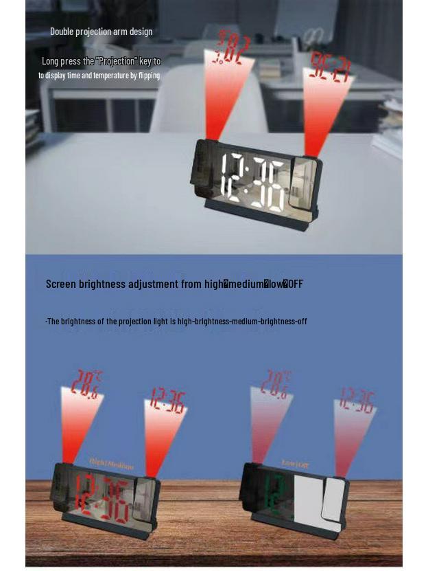 Dual Projection Alarm Clock with Temperature Display - Large LED Mirror Screen and Luminous Display