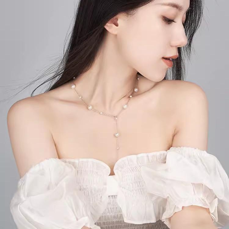 S925 Sterling Silver Starry Pearl Shell Pearl Necklace Versatile Niche Sense Stylish Pendant Sweater Chain