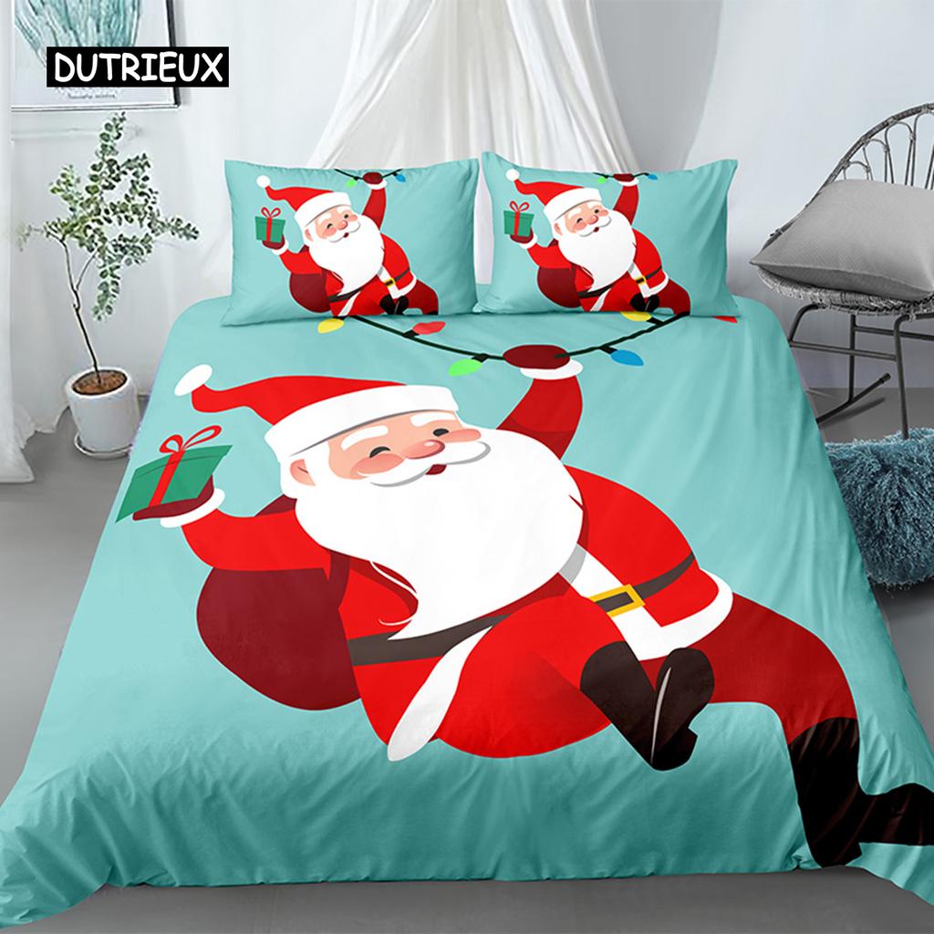 Merry Christmas King Queen Duvet Red Cartoon Santa Car Animals Bedding Set for Children Boy Girl Happy Holiday Theme Quilt Cover