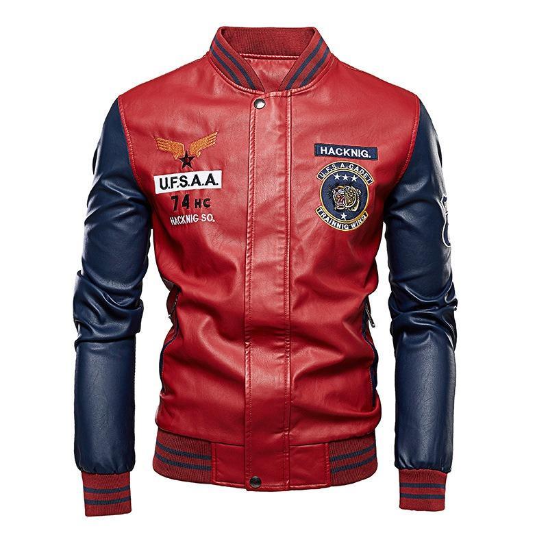 Spring and Autumn Embroidered Motorcycle Leather Jacket for Men, Autumn and Winter Green Zipper Baseball Collar, Men's Leather Jacket Tough Guy Clip