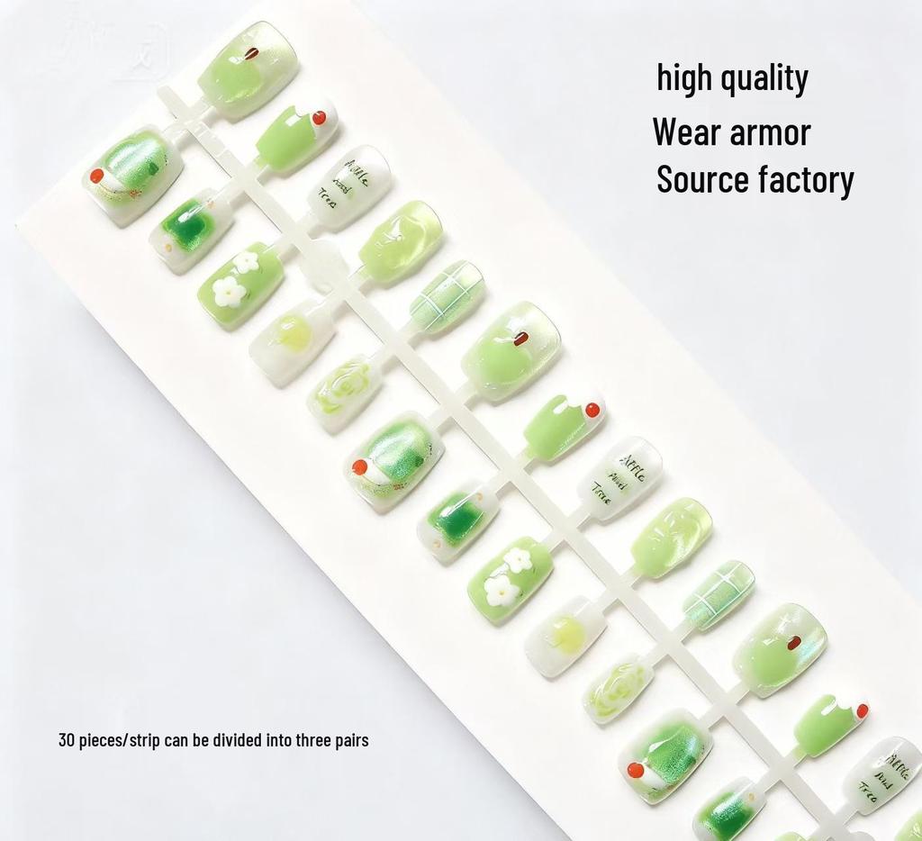 Ice Translucent Green Apple Glitter Press-On Nails with Cat Eye Art Stickers