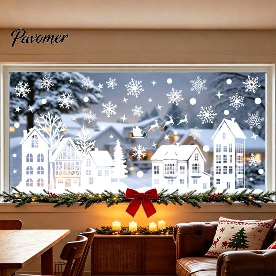 Indoor Outdoor Glass Window Stickers 2Pcs Christmas Town Static Sticker, Reusable Decal with Snowflake Clings for Winter Pattern, Decorative