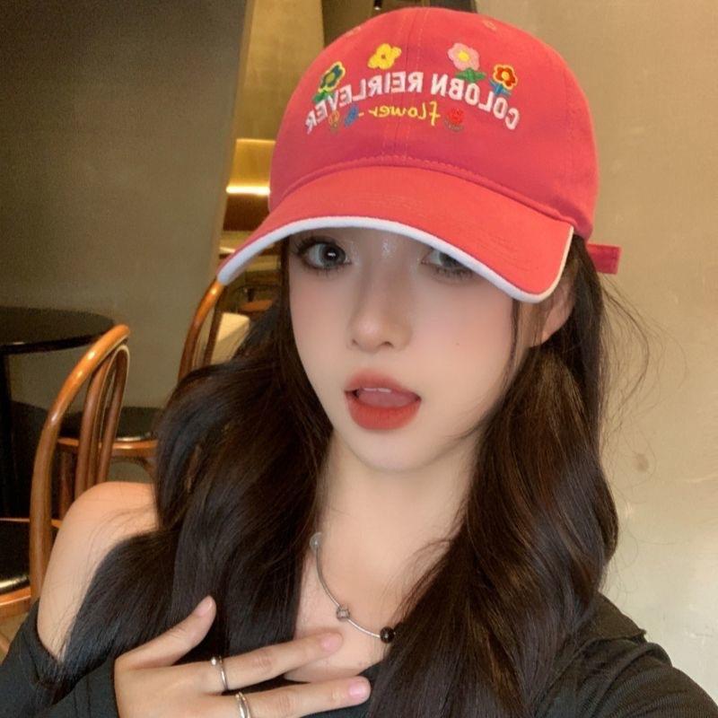 New Flower Yellow Letter Embroidered Baseball Cap Female Sweet Versatile Soft Top Big Head Circumference Showing Face Ducktongue