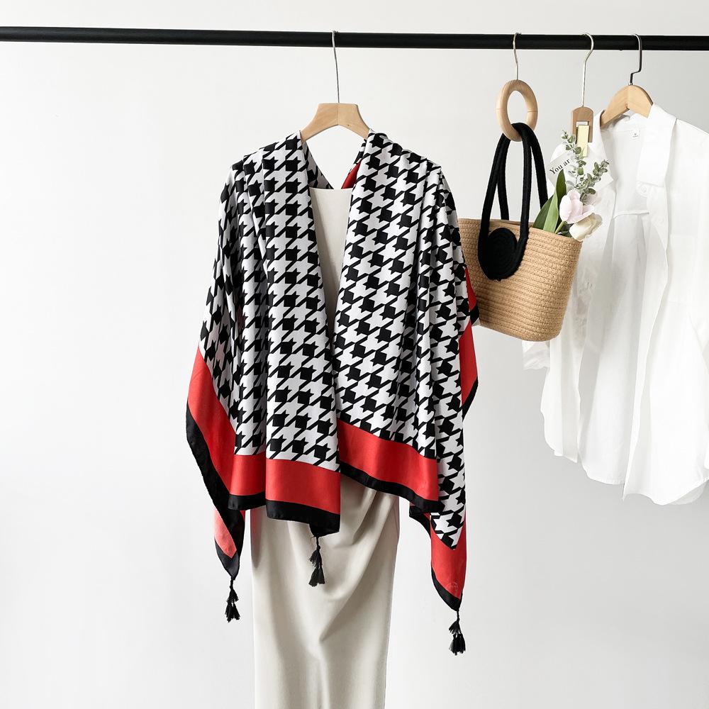 Sunscreen Coffee Colored Leopard Print Scarf for Women Trendy European and American Houndstooth Shawl Imitation Cotton Linen High-end Tassel Scarf