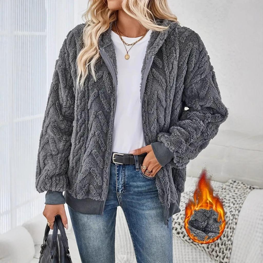 New Autumn Winter Plush Women's Solid Color Zipper Hooded Long-sleeved Loose Jacquard Sweatshirt Jacket