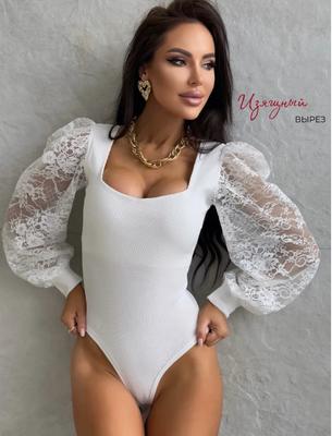 Women's Lace Sleeve Bodysuit Long Sleeve Sheer Mesh Patchwork One Piece Stretch Fitted Square Neckline Top
