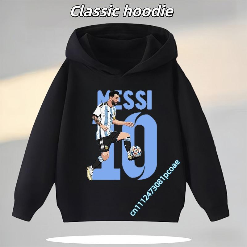 Football Star Cartoon Print Autumn/Winter Coat Messi Children's Hooded Sweatshirt Boys' Sports Shirt Girls' Casual Top