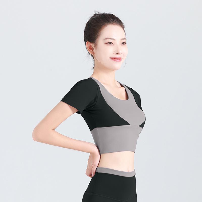 Juyitang Women's Short-Sleeve Color Match Yoga Top, Bra-Free, Navel-Baring Fitness Wear