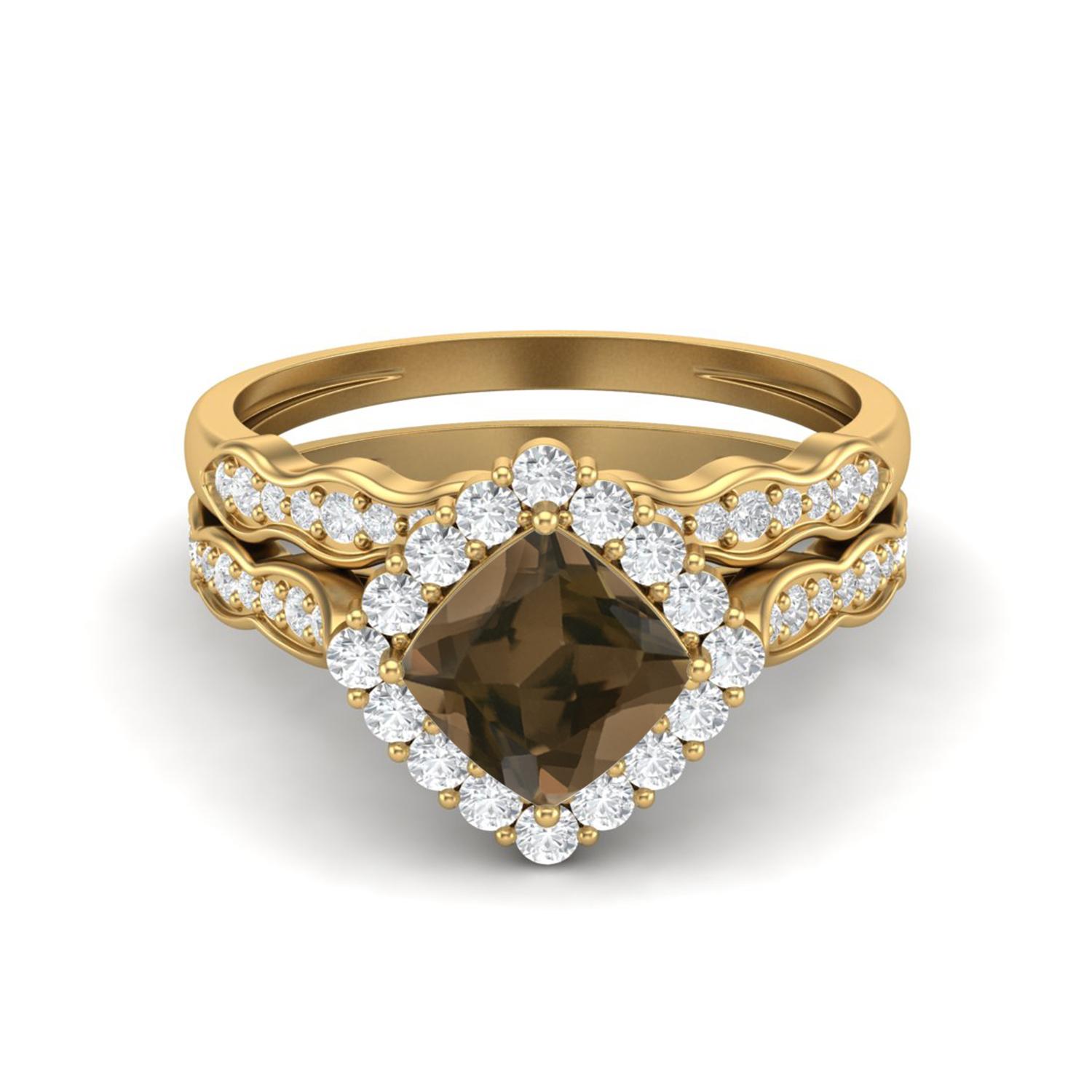 

6mm Cushion Smoky Quartz 925 Sterling Silver Gold Vermeil Dual Shank Halo Accents Women Wedding Ring 8 жовтий
