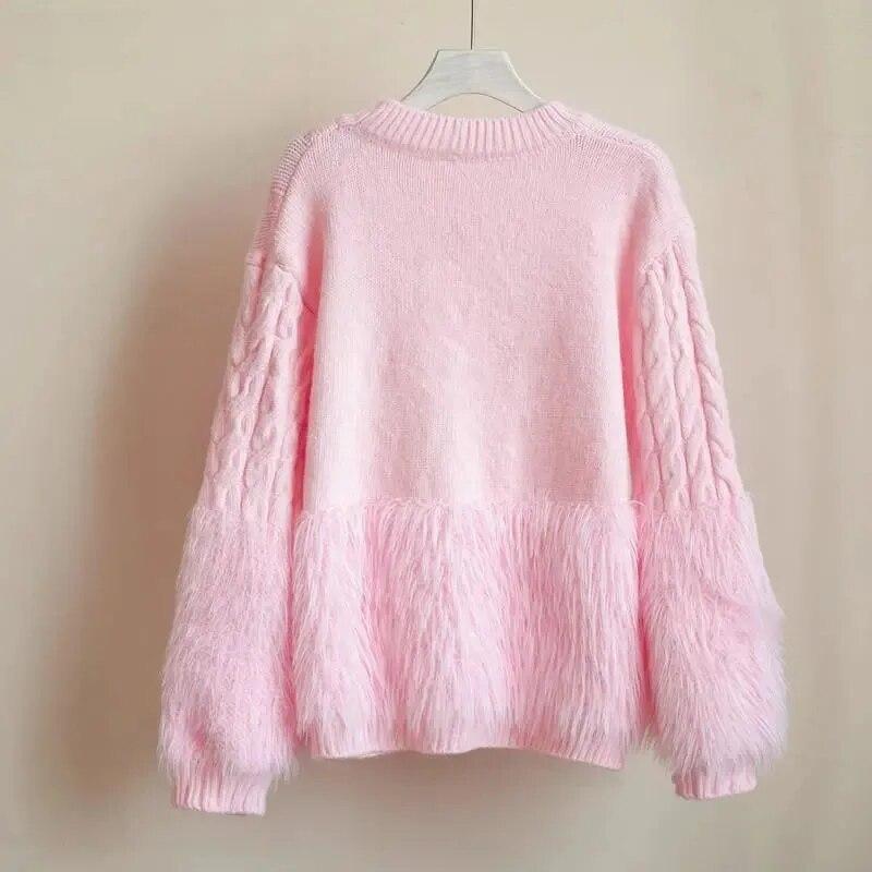 Pink Tassel Women's Sweater Short Sweet Knit Fried Dough Twist Pullover Loose Pull Jumper Thicken Keep Warm Long Sleeve Top Autumn Winter