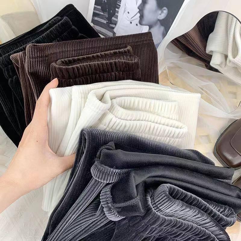 Women's Solid Elastic Waist Corduroy Wide Leg Pants Casual Sports Long Plush Trousers