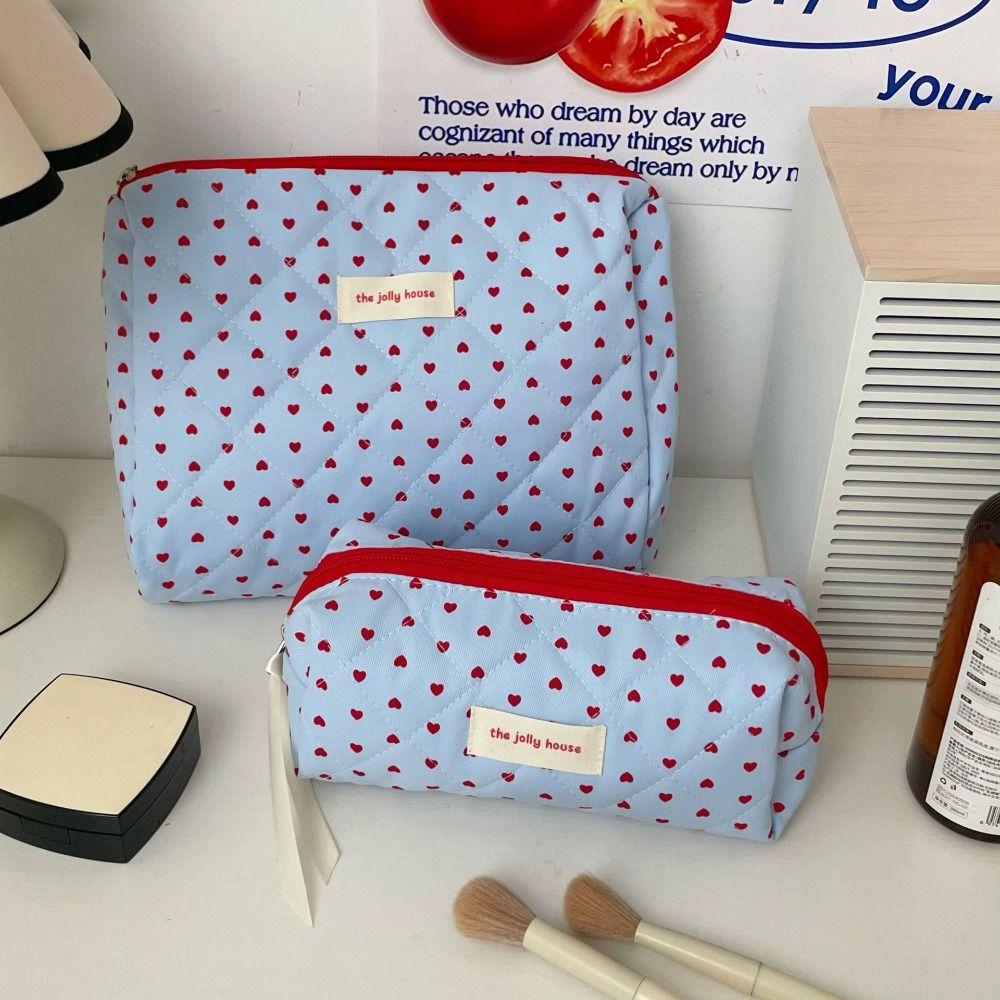 New Quilting Cotton Heart Cosmetic Bag Blue Multi-function Cosmetic Storage Bag Large Capacity Wash Bag Travel