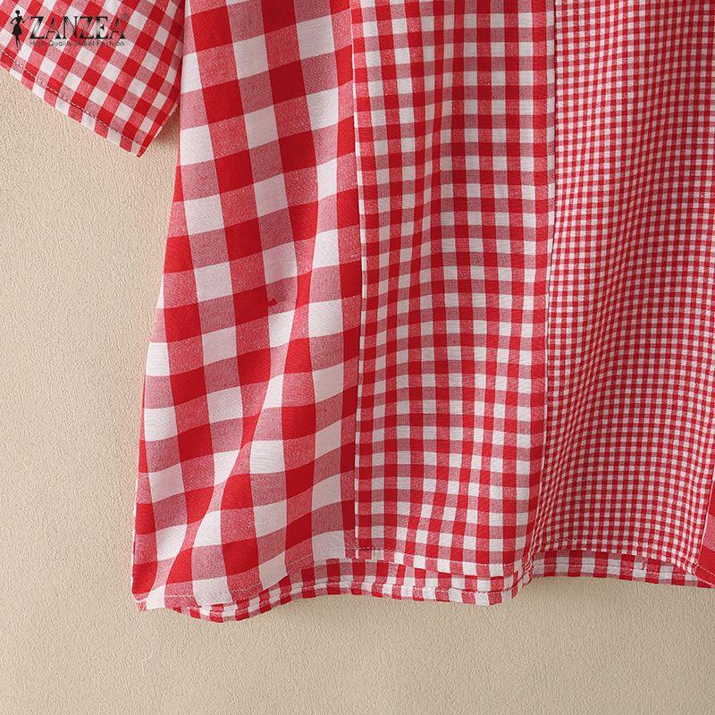 ZANZEA Women Plaid Print Casual Round Neck Loose Short Sleeve Blouse