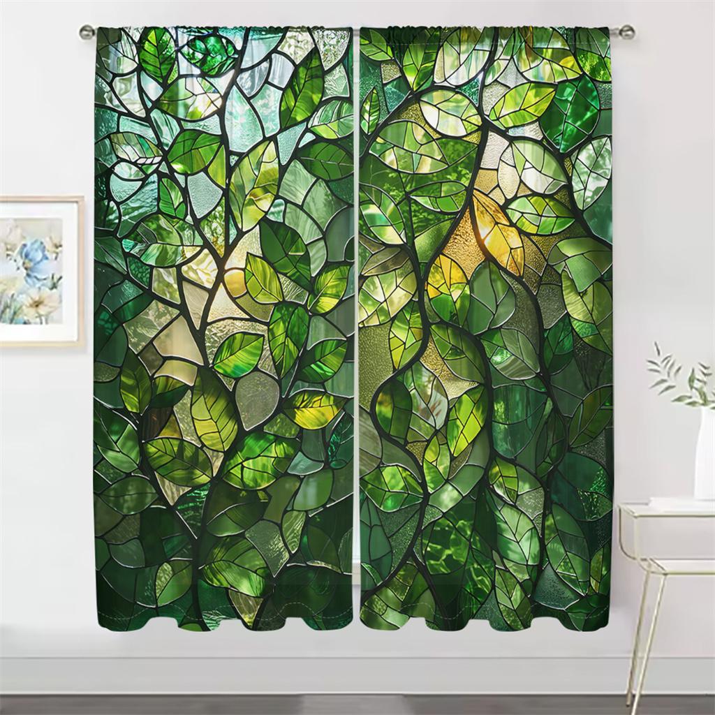 2Pcs Leaf Collage Curtains 3D Painted Glass Pattern Living Room Bedroom Balcony Sunshade Nature Art Decor Curtains