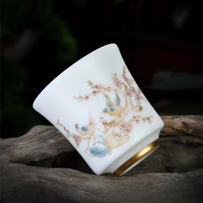 White Porcelain Mutton-Fat Jade Tea Cup - Plum Blossom