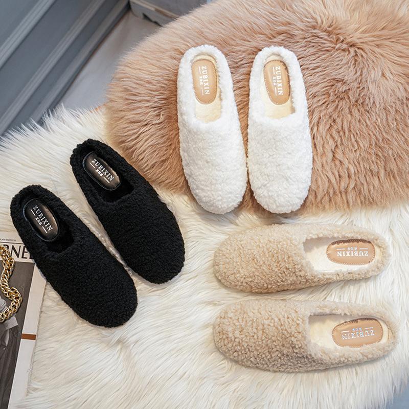 Fashion Women's Lambswool Slippers, Sheepskin and Fur Shoes, Women's Flat Cotton Slippers, Slip-on Mules, Plus Size 43, Winter