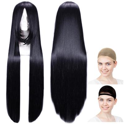 CaseEden Cosplay Wig, Long, Straight, 100cm, Heat-Resistant, Black, Includes 2 Wig Nets (WIG4880)