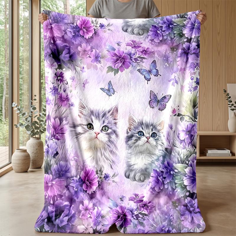 Kittens Among Purple Flowers Theme blanket Lightweight Warm Flannel Blanket Decorative Throw Blanket for Home Decoration