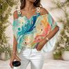 Damen Übergröße Off-Shoulder Doppelträger V-Ausschnitt Kurzarm Pink Lila Farbverlauf Print Top