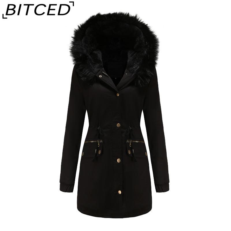 BITCED Fall/Winter Puffer Jacket for Women with Fleece Lining, Fur Collar, Hooded Warm Coat, Loose-Fit Cotton Jacket