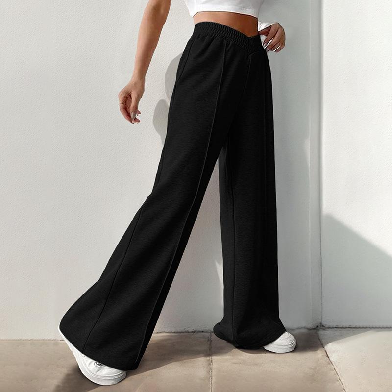Ladies Casual Elastic V-High Waist Patches Wide Leg Pants