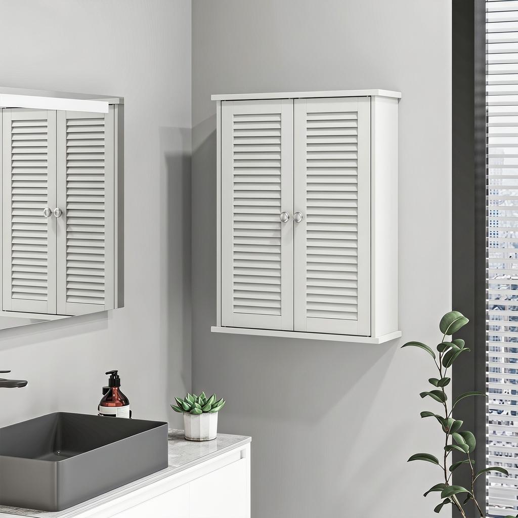 Bathroom Wall Cabinet, Hanging Storage Unit, 2 Louvered Doors, Adjustable Shelf, White