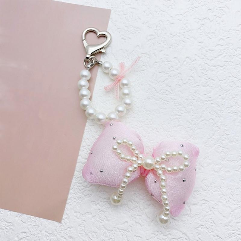 Colorful Keyring Imitation Pearl Beaded Butterfly Phone Chain Stylish Bowknot Charm Keychain Wallet Camera Decoration