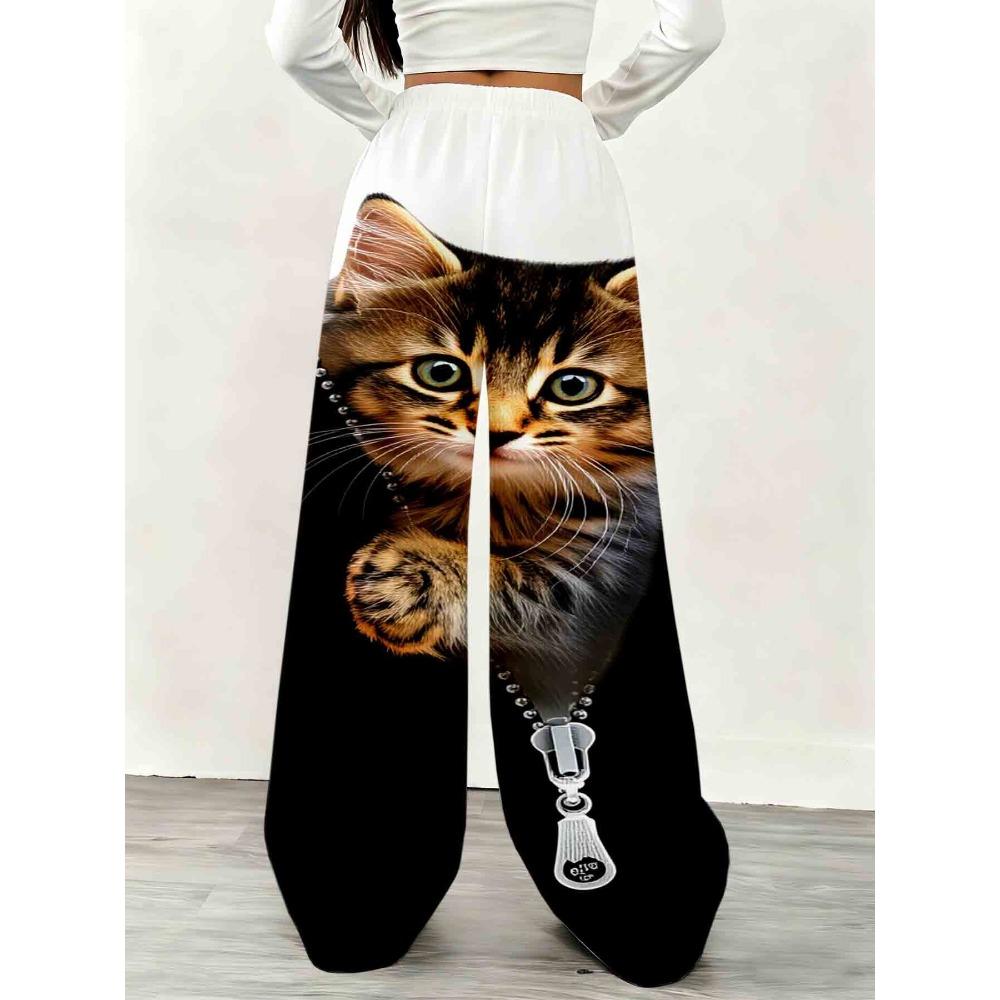 Cute Cat Print Wide-leg Pants, Women's Fashion Casual Sweatpants