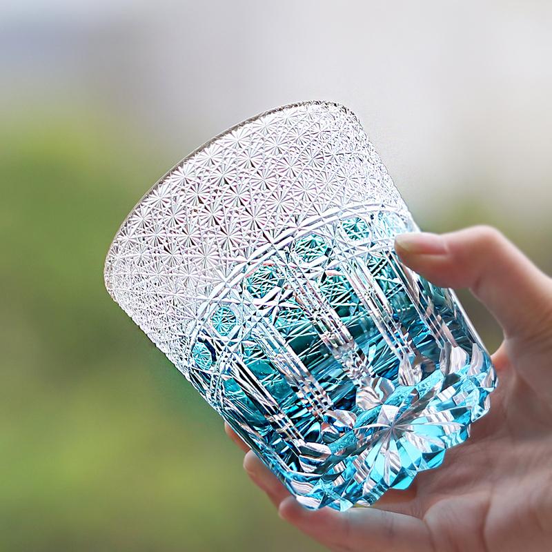Sky Blue Hand-Carved Edo Kiriko Glass Cup 320ml New Style - Yu Lan (Jade Blue) Japanese Traditional Crystal Whiskey Glass