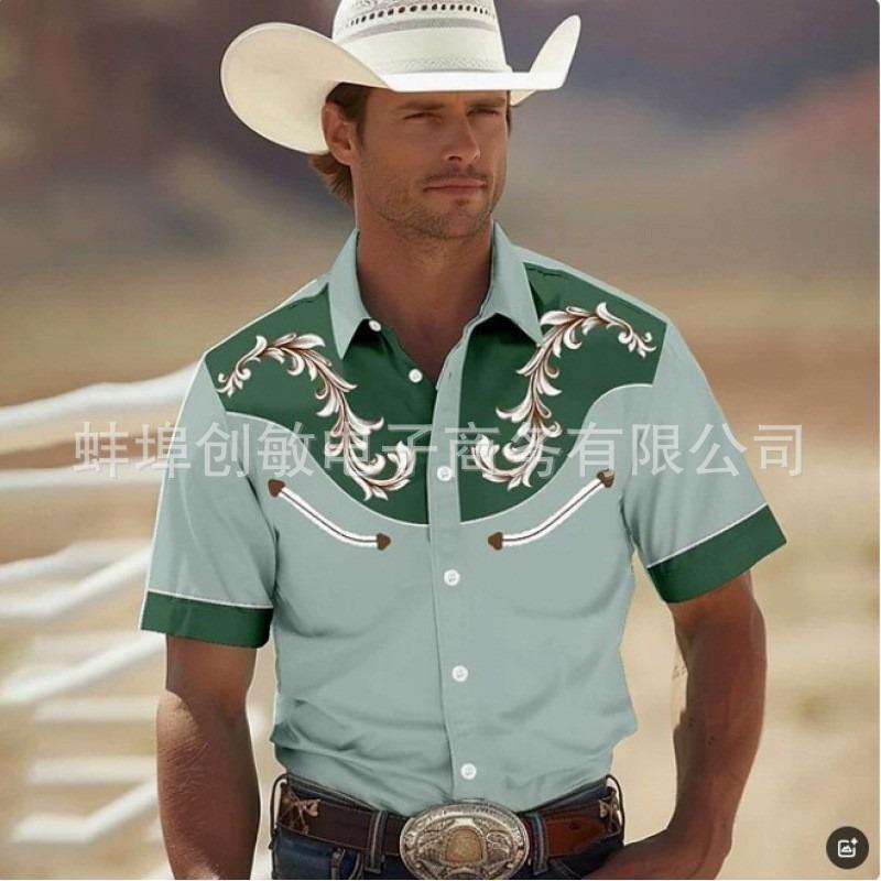 Men's Red Western Style Embroidery Short Sleeve Summer Shirt