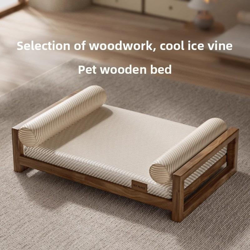 Solid Wood Elevated Dog Bed Breathable Raised Pet Cot for Small Dogs Summer Cooling Cat House Anti-Humidity Pet Furniture