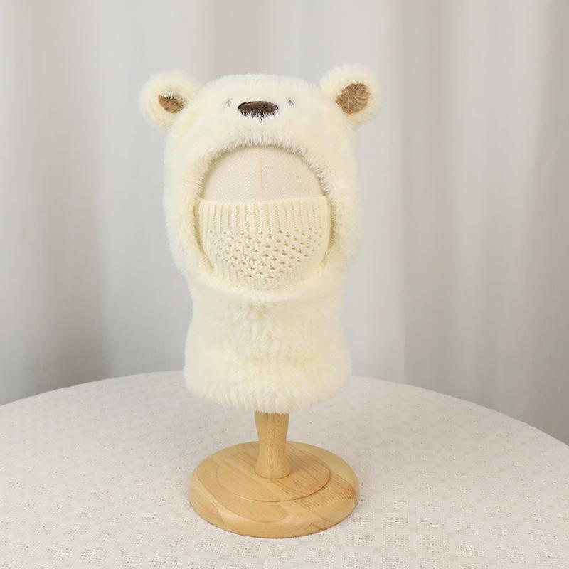 Cartoon bear children's hat, face mask, scarf, integrated pullover hat, winter velvet warm ear protector, knitted wool hat