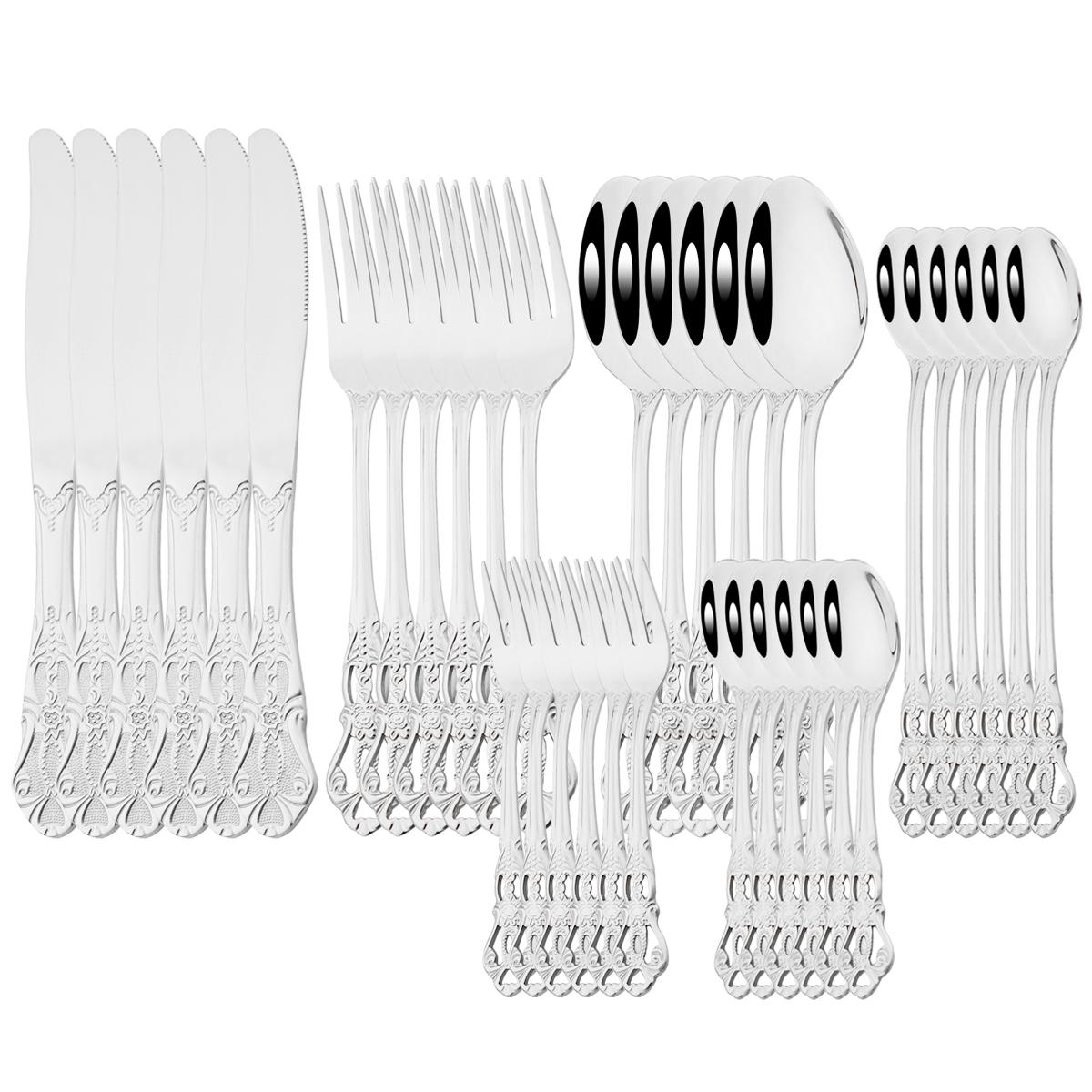 

Набор столовых приборов «Винтажная роза», 36 шт., Ножи из нержавеющей стали, Вилка, Ложка, Набор посуды, Десертная вилка, Длинная ложка, Столовая посуда, Кухонные столовые приборы серебряный