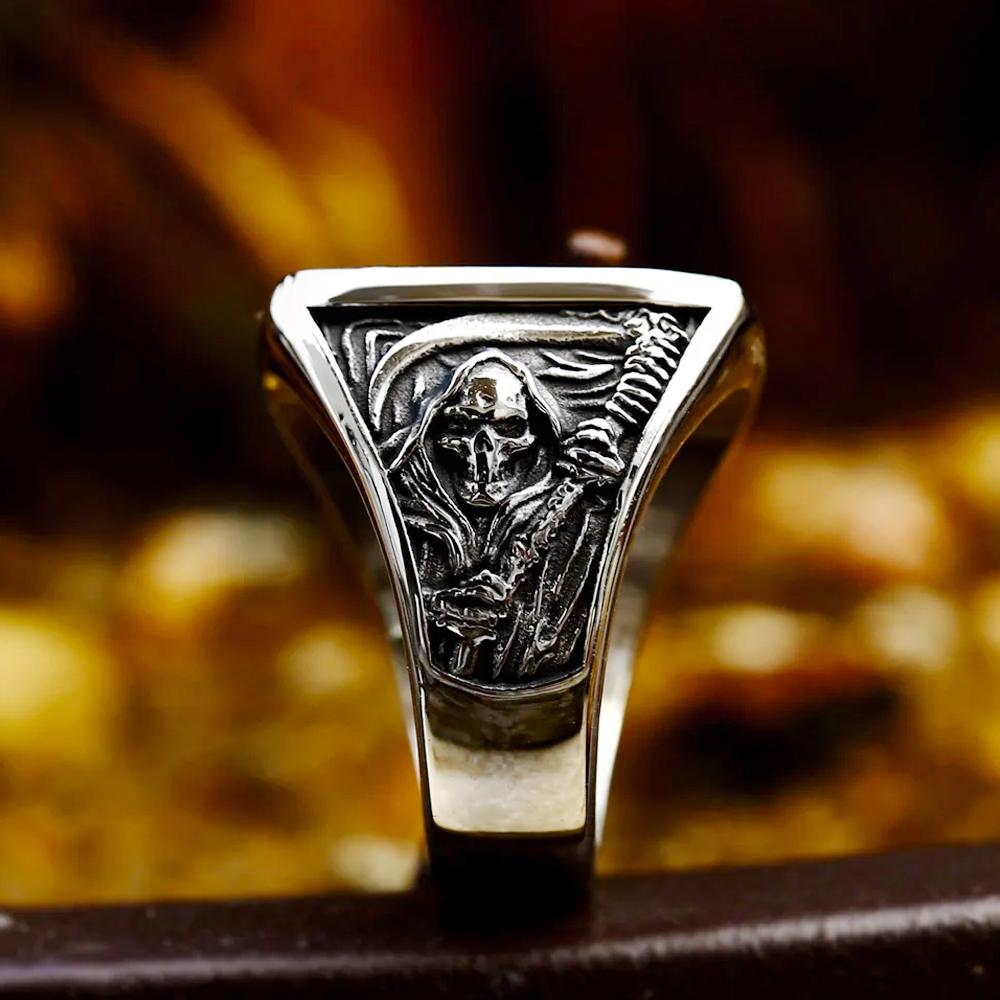 Gothic Vintage Todes Sichel Totenkopf Ring für Herren 316L Edelstahl Hip Hop Biker Skelett Ringe Punk Party Schmuck Großhandel