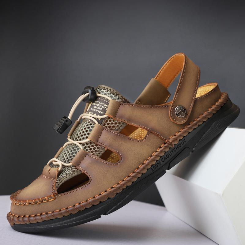 

Summer 2024 foreign trade large size casual mesh sandals hand-sewn explosive leather versatile beach men s shoes 48 хакі