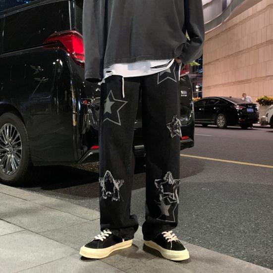 Men Denim Pants Five-pointed Star Pattern Embroidery Loose Wide Leg Streetwear Solid