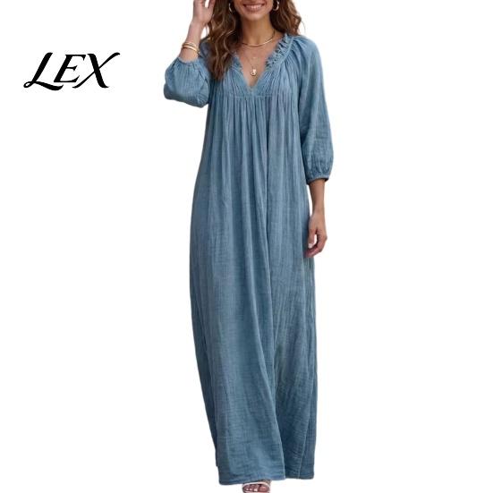 3/4 Sleeves Maxi Dress Bohemian Ruffle V-Neck Long Dress, for Comfortable Women Dresses Women, Solid Color Casual Loose Spring Fall Flowy