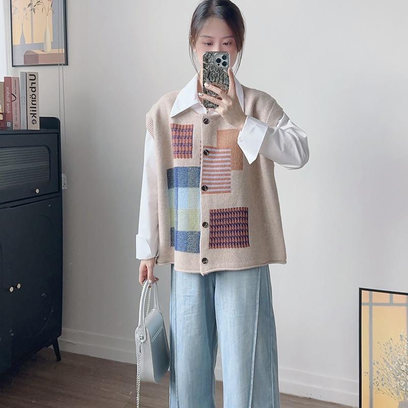 

Зима Плюс Размер Осень Женщины Клетчатый Безрукавный Жилет Свитера Вязание Мода Оверсайз Повседневный Стиль Свободный Свитер One Size абрикосовый