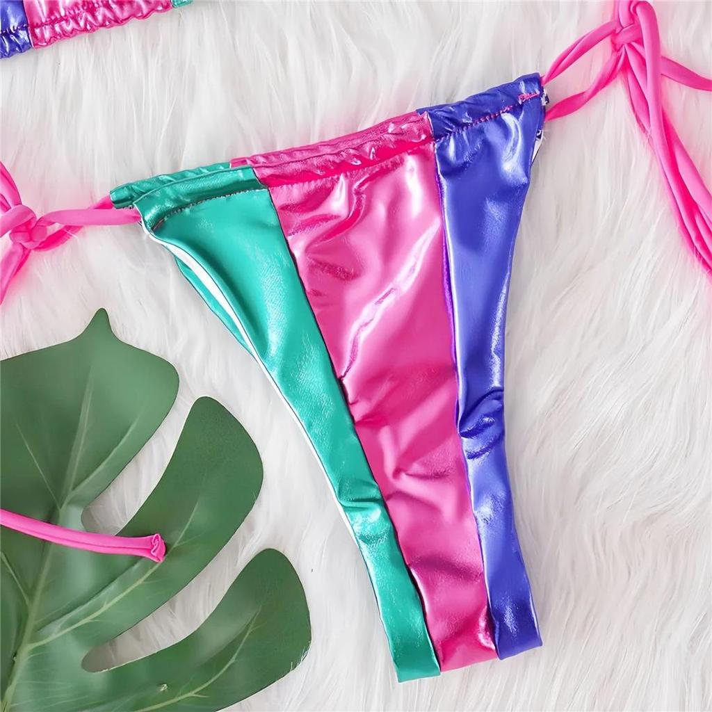 Splicing Halter High Leg Cut Strappy Two-Pieces Bikini Set Bikini Female Swimsuit Bathing Suit Women Swimwear Bather Swim