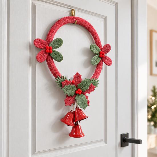 Christmas Window Decoration Non-woven Fabric Bell Wreath, Holly Berry Wreath with Mini Xmas Tree Bells, Hanging for Front Door Wall