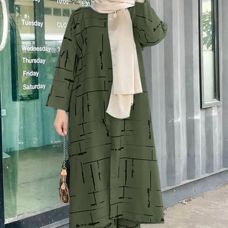 Women's Army Green Muslim Print Casual Fashion Set
