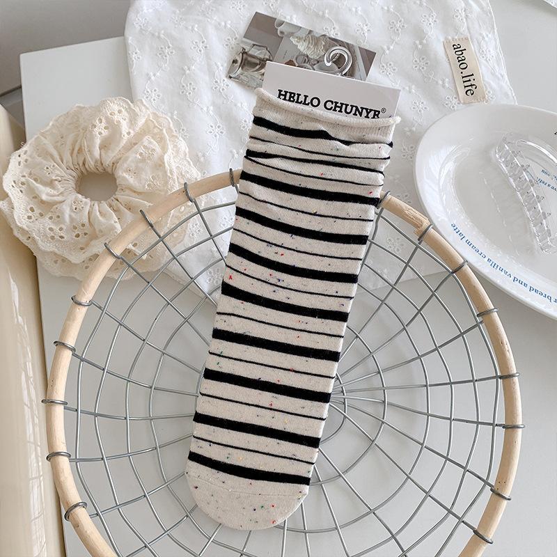 Korean Style Idea Yarn Striped Boneless Socks Women'S Mid-Leg Socks Spring And Autumn Cotton Rolled Hemmed Stacked Socks